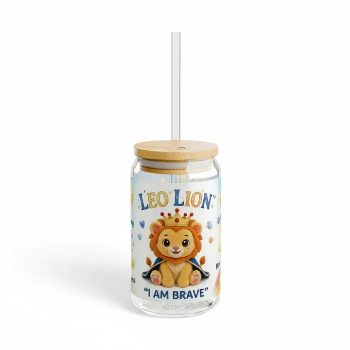 Sea Dragon Dreams 16 oz clear glass sipper with a bamboo lid, straw, and Leo Lion I Am Brave illustration.