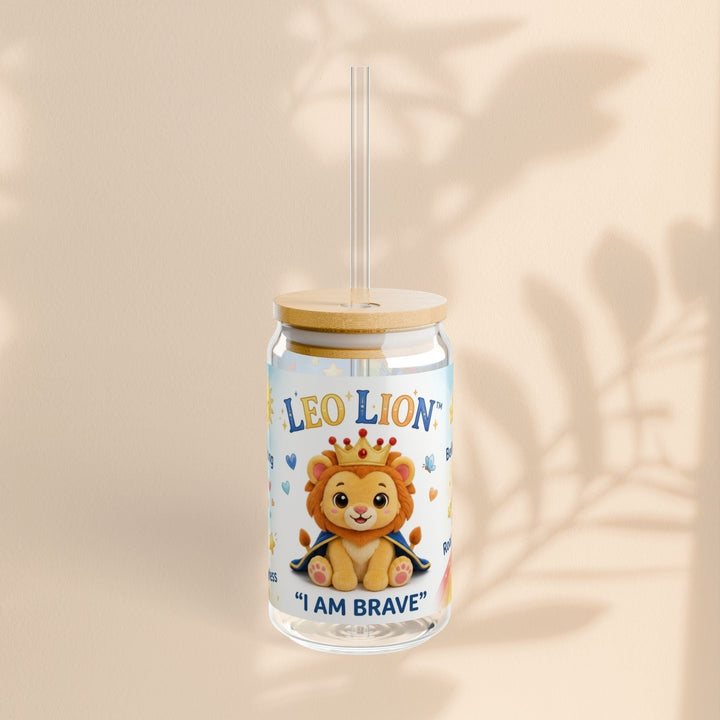 Sea Dragon Dreams Leo Lion I Am Brave 16 oz glass sipper with bamboo lid and clear straw on a neutral background.