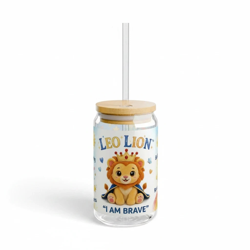 Sea Dragon Dreams Leo Lion 16oz glass sipper with bamboo lid, clear straw, and I Am Brave lion character illustration.