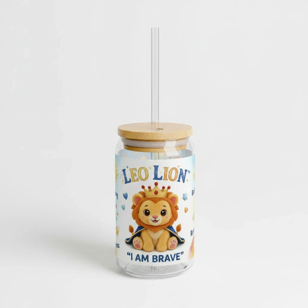 Sea Dragon Dreams 16 oz clear glass sipper with a bamboo lid, straw, and Leo Lion I Am Brave graphic for kids.
