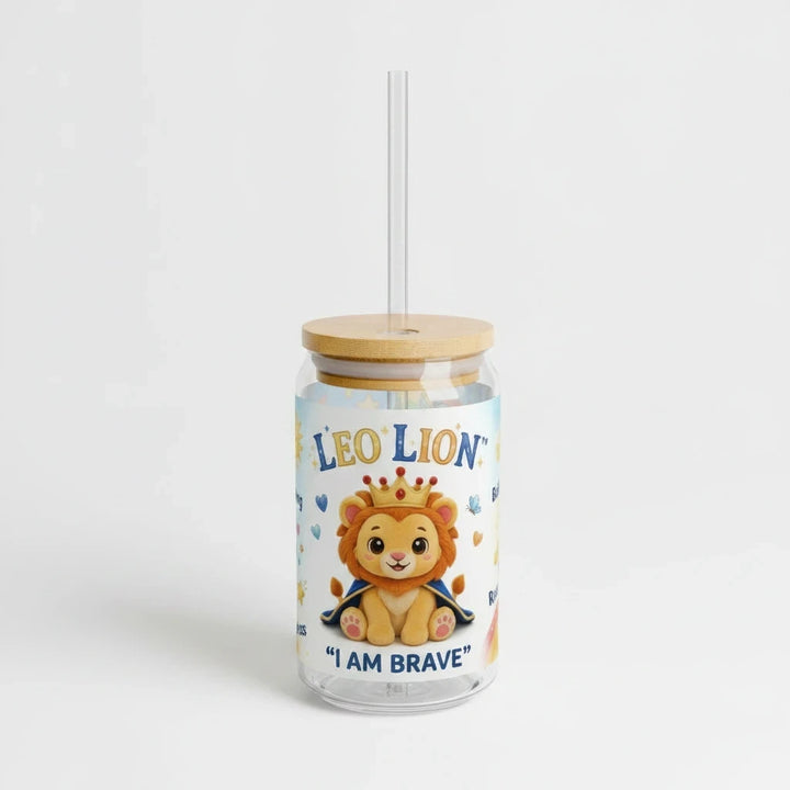 Sea Dragon Dreams 16 oz clear glass sipper with a bamboo lid, straw, and Leo Lion I Am Brave graphic for kids.