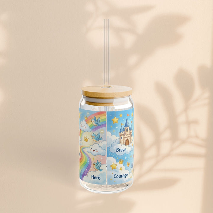 Sea Dragon Dreams 16 oz glass sipper with bamboo lid, clear straw, and whimsical castle, rainbow, and lion illustration.