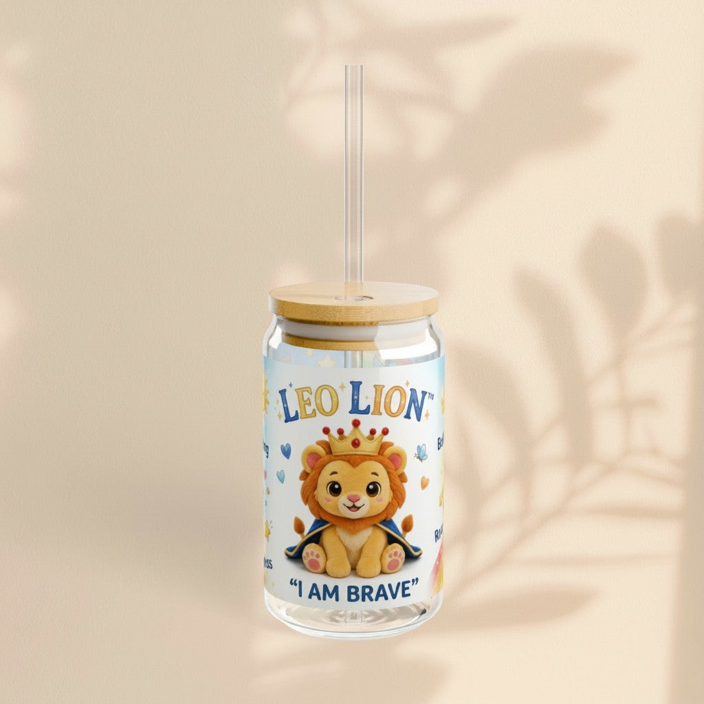Sea Dragon Dreams 16 oz clear glass sipper with bamboo lid, straw, and Leo Lion I Am Brave illustration for kids.