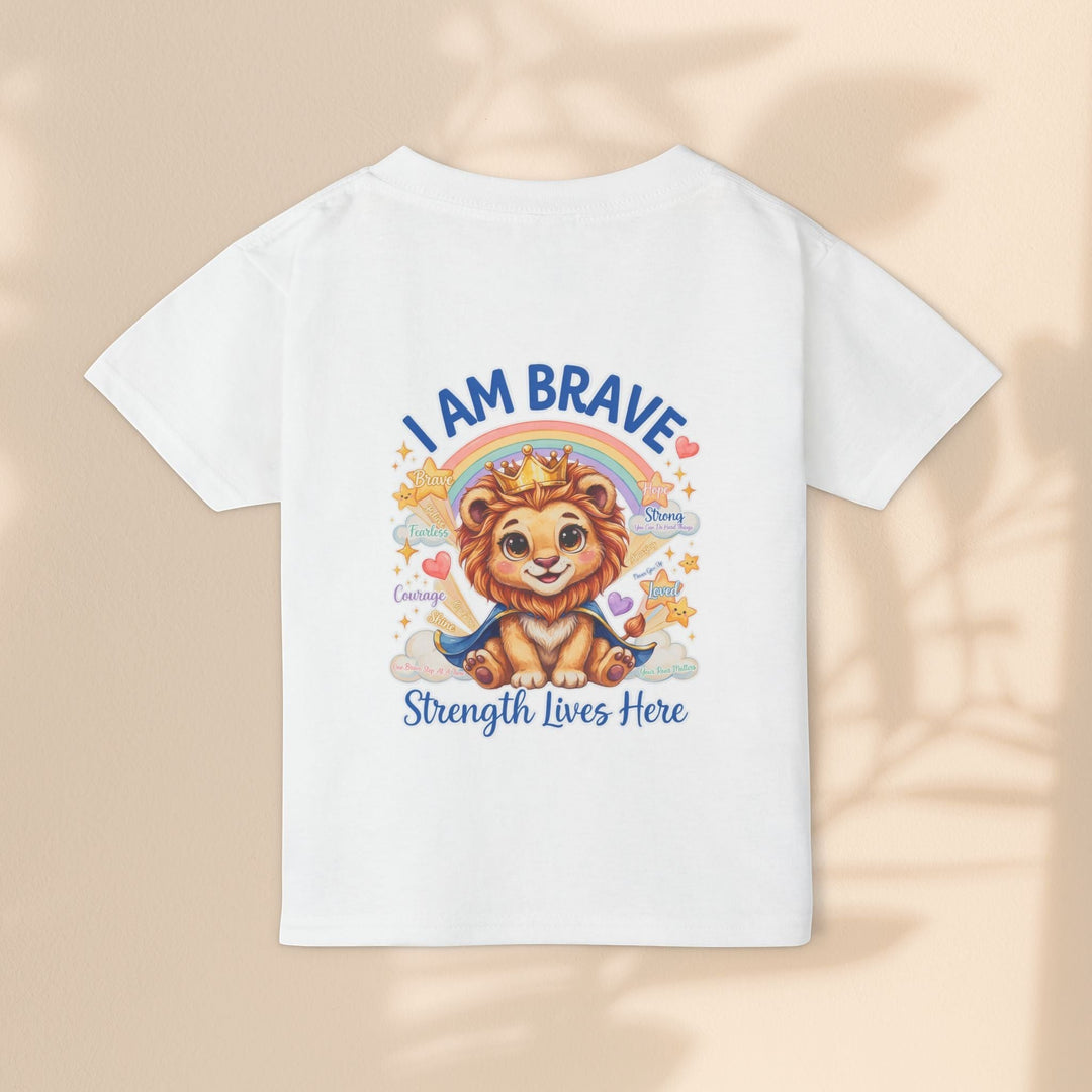 Sea Dragon Dreams toddler t-shirt featuring a cute Leo Lion character with a crown, rainbow, and I Am Brave text.