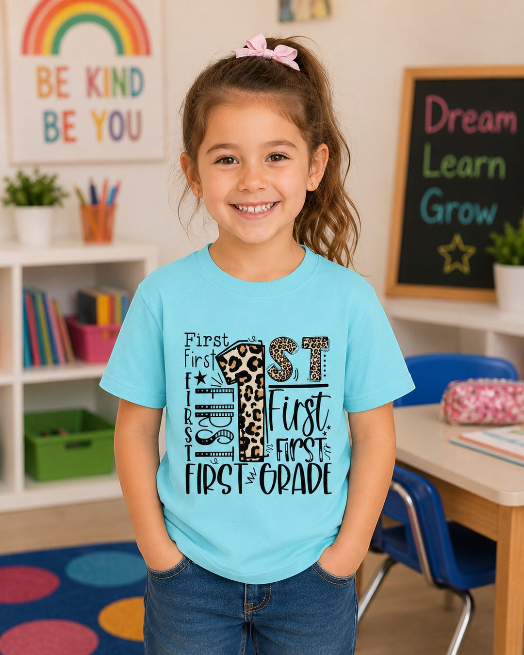 Sea Dragon Dreams light blue cotton kids t-shirt with leopard print First Grade graphic in a classroom setting
