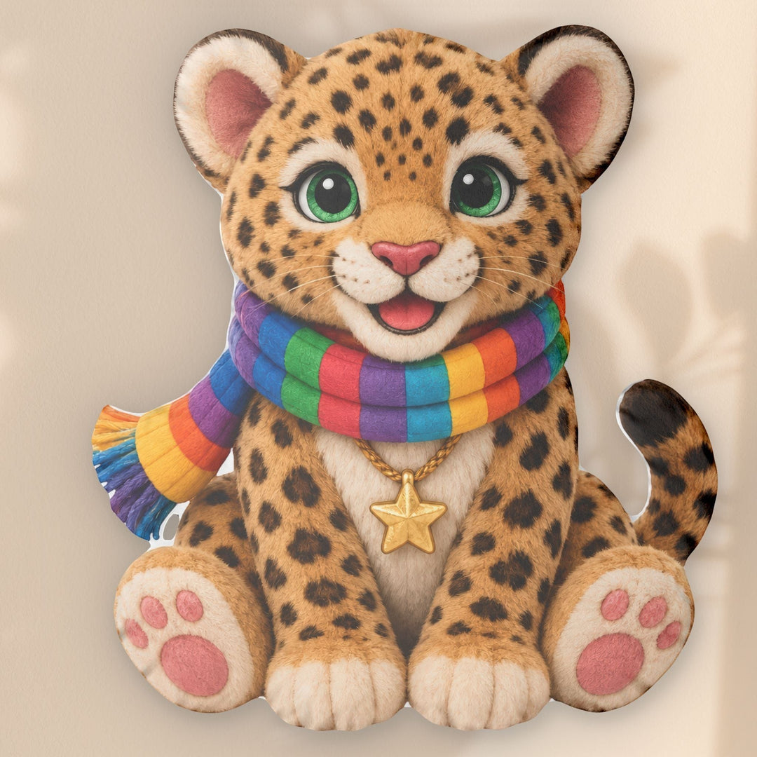 Sea Dragon Dreams Lucky Leopard confidence pillow featuring a cute leopard cub wearing a rainbow scarf and star charm.