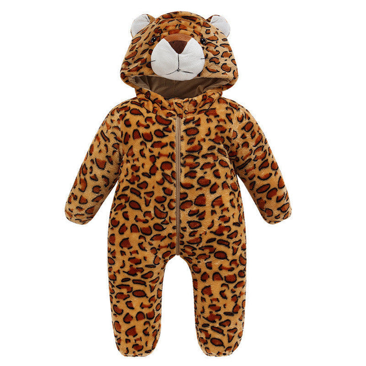 Sea Dragon Dreams baby cotton flannel romper in a leopard print with a hooded animal face design for winter wear.
