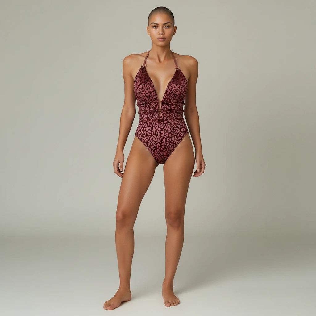 Sea Dragon Dreams leopard print halter one-piece swimsuit with a deep V-neck and backless design on a model.