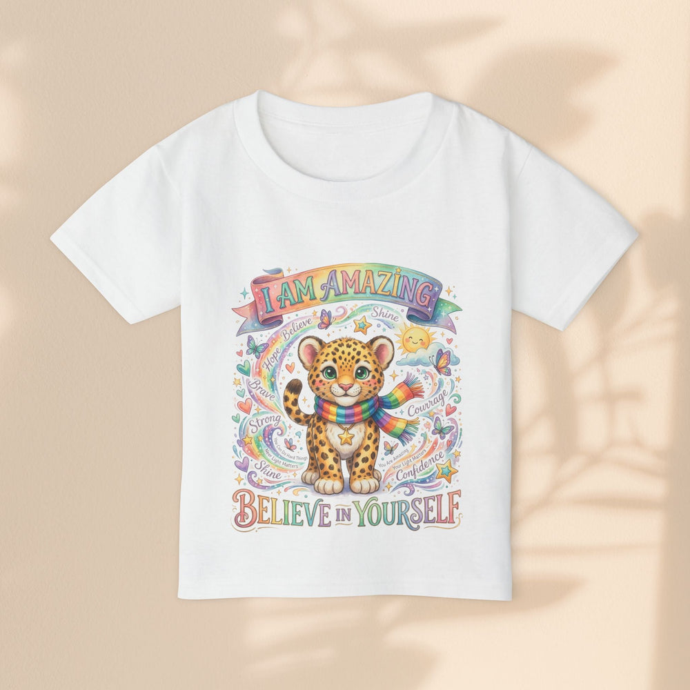 Sea Dragon Dreams white cotton toddler t-shirt featuring a cute leopard with a rainbow scarf and uplifting affirmations.