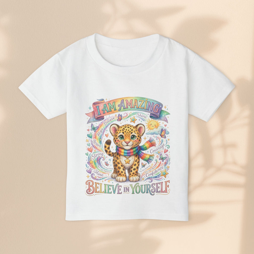 Sea Dragon Dreams white cotton toddler t-shirt featuring a cute leopard with a rainbow scarf and uplifting affirmations.