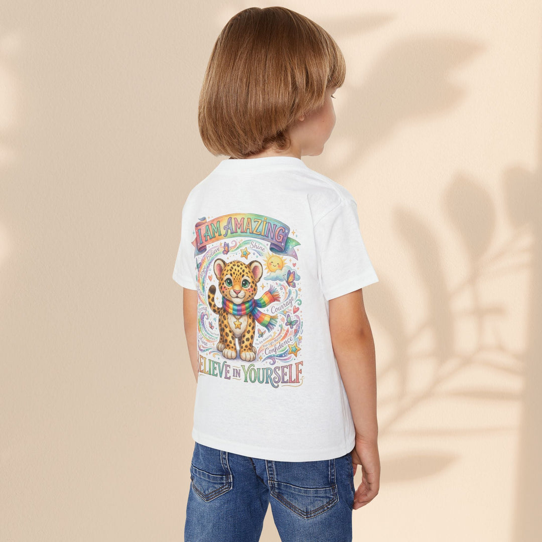 Sea Dragon Dreams toddler t-shirt with leopard and rainbow graphic, featuring I Am Amazing affirmation on white cotton