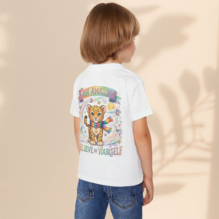 Sea Dragon Dreams toddler t-shirt with leopard and rainbow graphic, featuring I Am Amazing affirmation on white cotton