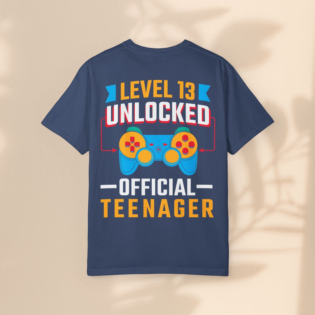 Sea Dragon Dreams navy blue unisex cotton t-shirt with Level 13 Unlocked Official Teenager gamer graphic print
