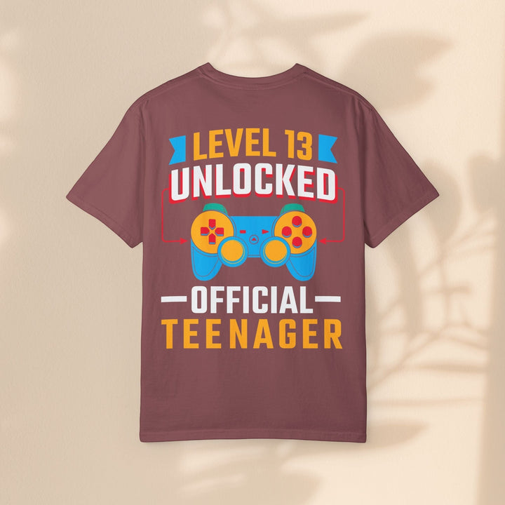 Sea Dragon Dreams Level 13 Unlocked Official Teenager gamer t-shirt in maroon cotton with a colorful controller graphic