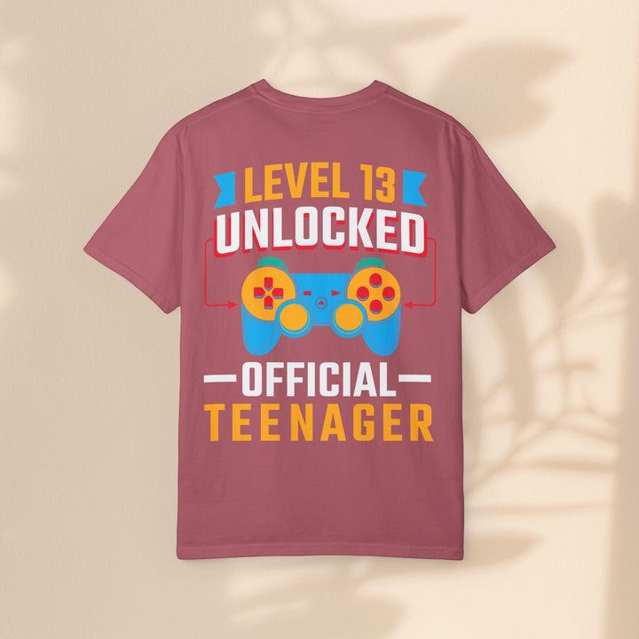 Sea Dragon Dreams Level 13 Unlocked gamer t-shirt in dusty rose cotton with a retro gaming controller graphic.