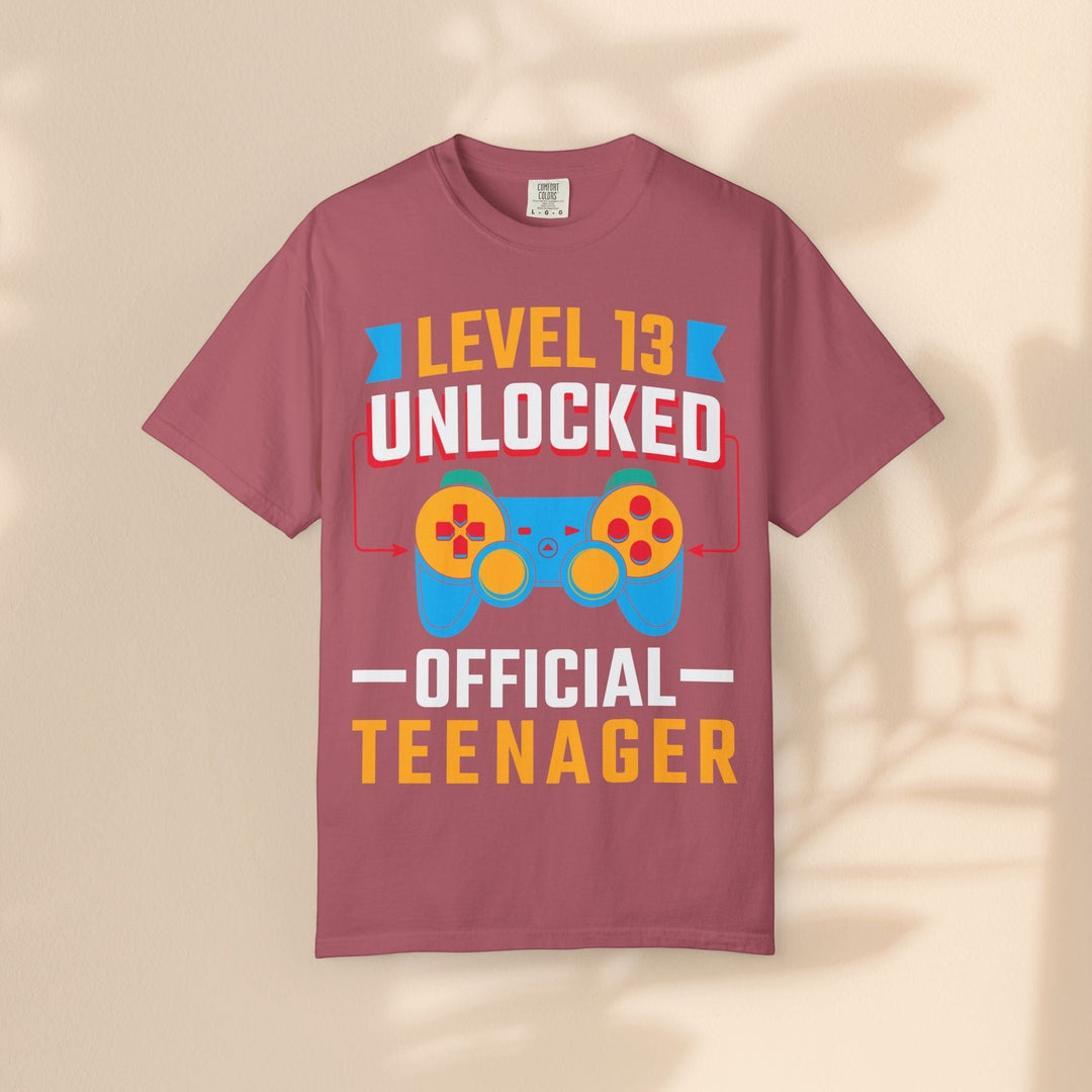 Sea Dragon Dreams Level 13 Unlocked Official Teenager gamer t-shirt in dusty rose cotton with a retro controller graphic