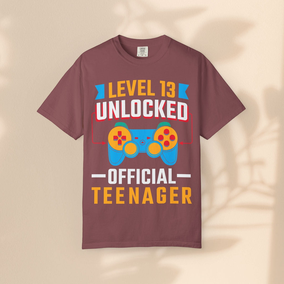 Sea Dragon Dreams Level 13 Unlocked Official Teenager gamer t-shirt in maroon cotton with retro controller graphic