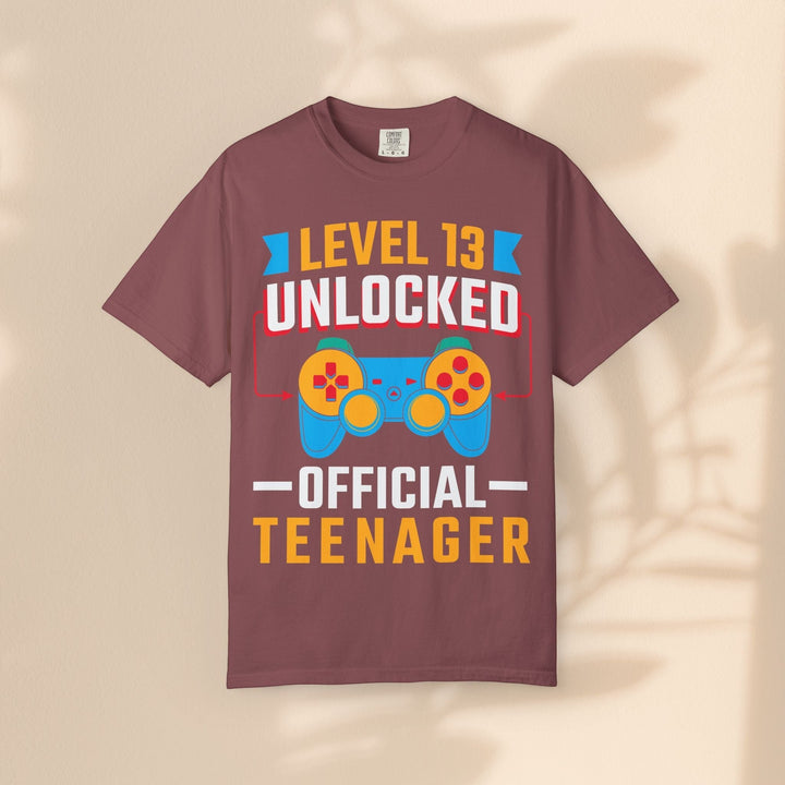 Sea Dragon Dreams Level 13 Unlocked Official Teenager gamer t-shirt in maroon cotton with retro controller graphic