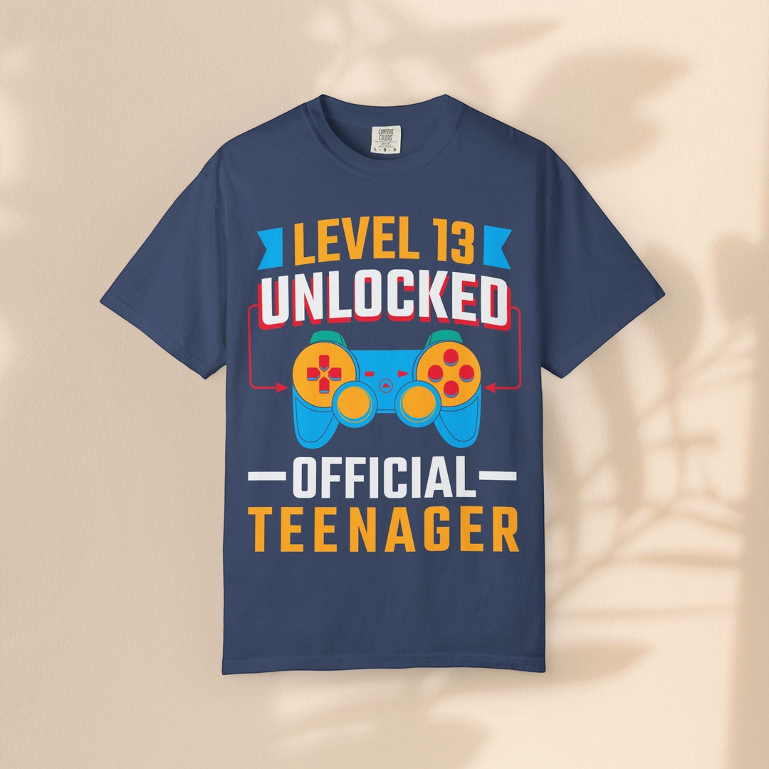 Sea Dragon Dreams unisex navy blue cotton t-shirt with Level 13 Unlocked Official Teenager gamer graphic print