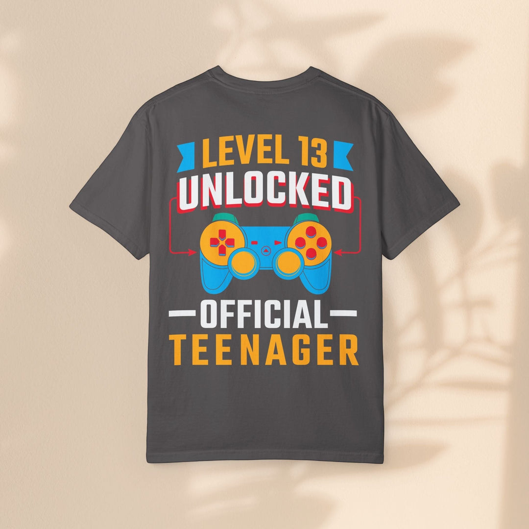 Sea Dragon Dreams Level 13 Unlocked gamer t-shirt in dark grey cotton with a colorful retro controller graphic.