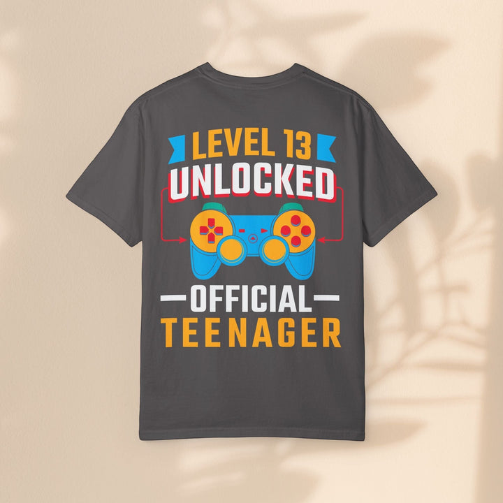 Sea Dragon Dreams Level 13 Unlocked gamer t-shirt in dark grey cotton with a colorful retro controller graphic.