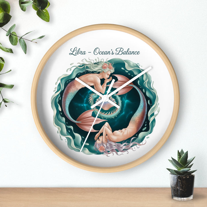 Sea Dragon Dreams Libra Ocean's Balance wooden wall clock featuring a mermaid illustration with teal waves.