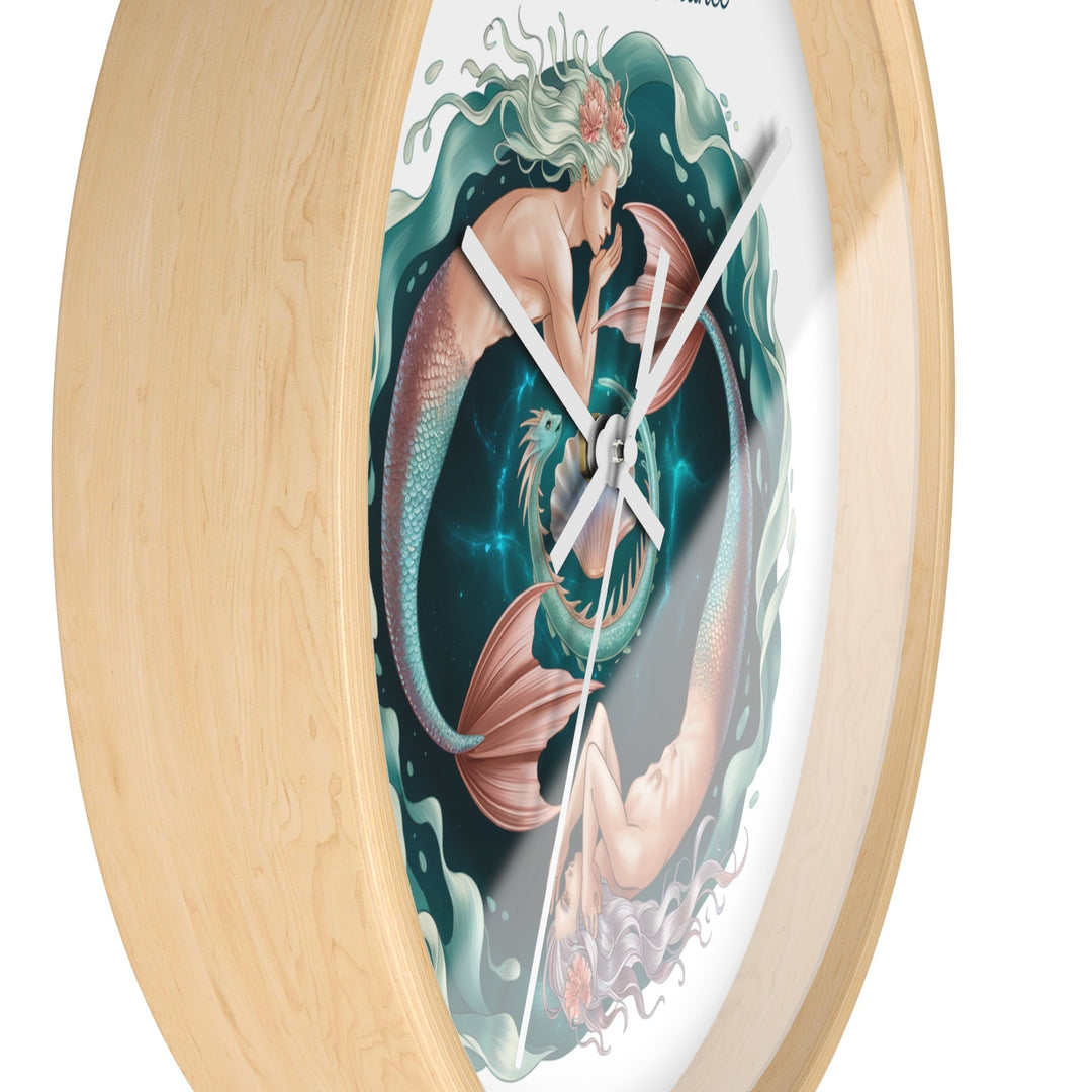 Sea Dragon Dreams Libra Ocean's Balance wooden wall clock featuring a mermaid illustration with teal waves.