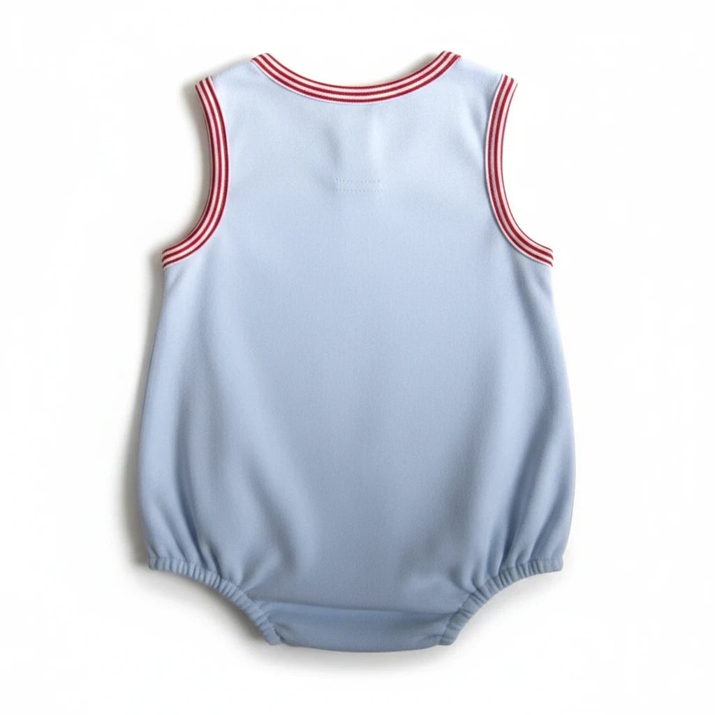 Sea Dragon Dreams light blue sleeveless baby bubble romper with red striped trim on the neckline and armholes.