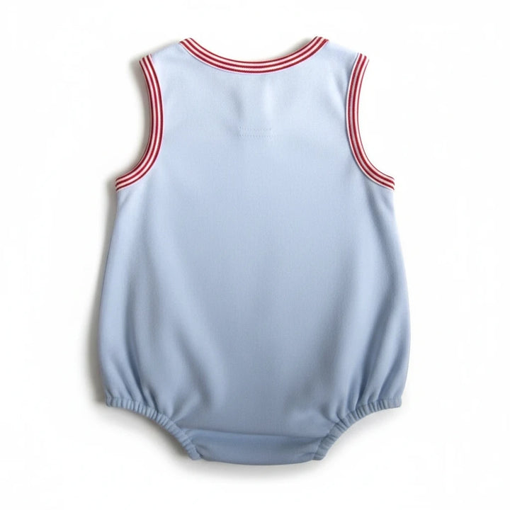 Sea Dragon Dreams light blue sleeveless baby bubble romper with red striped trim on the neckline and armholes.