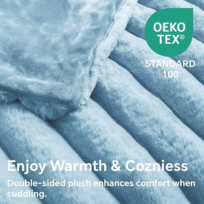 Sea Dragon Dreams BEDELITE light blue faux rabbit fur throw blanket with a 3D striped texture and OEKO-TEX label.