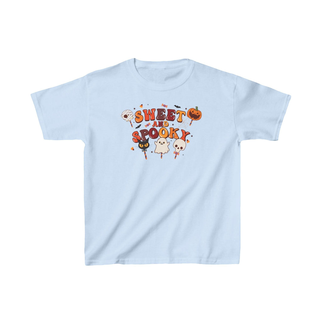 Sea Dragon Dreams light blue kids cotton t-shirt with Sweet and Spooky Halloween graphic print