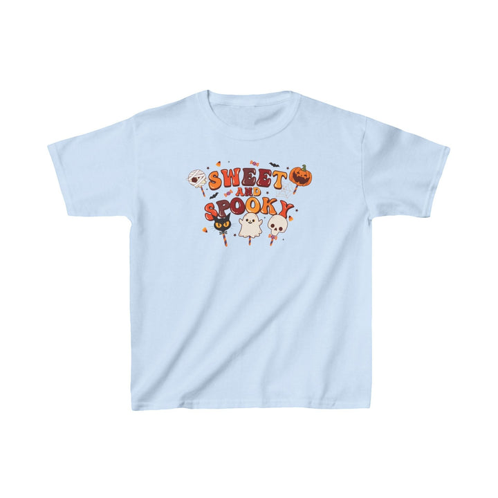 Sea Dragon Dreams light blue kids cotton t-shirt with Sweet and Spooky Halloween graphic print