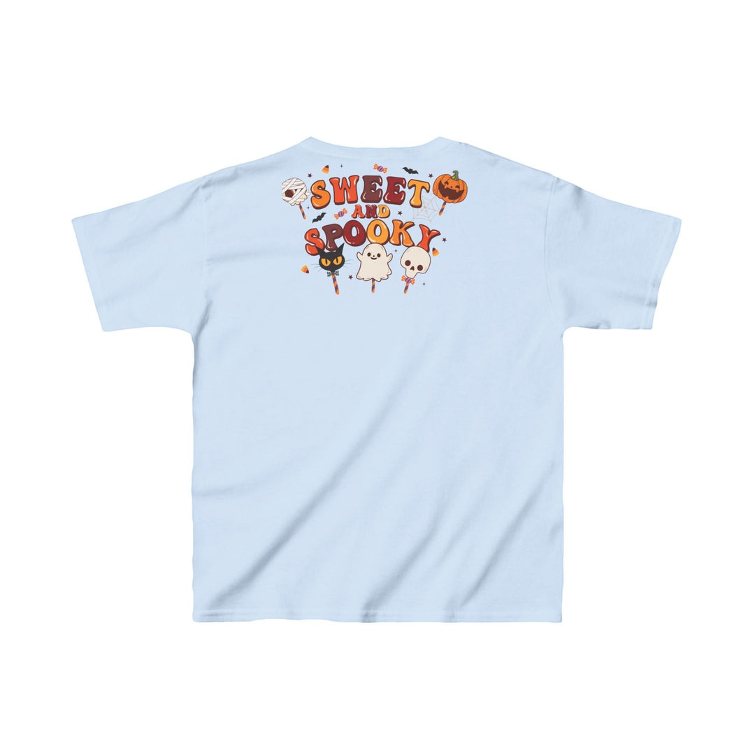 Sea Dragon Dreams light blue kids cotton t-shirt with Sweet and Spooky Halloween candy graphic on the back