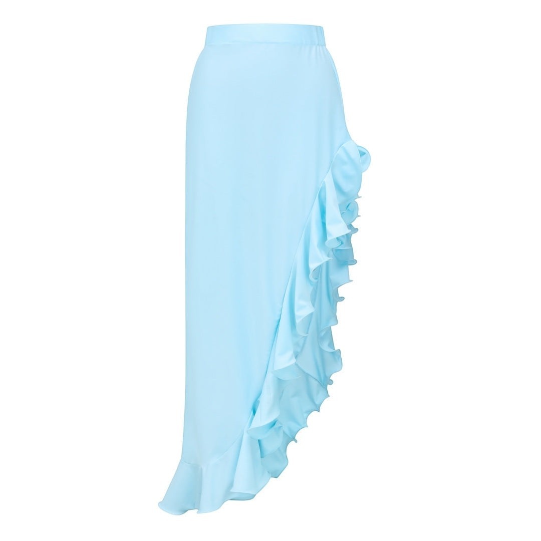 Sea Dragon Dreams light blue maxi skirt with a cascading side ruffle detail and a high-waisted silhouette.