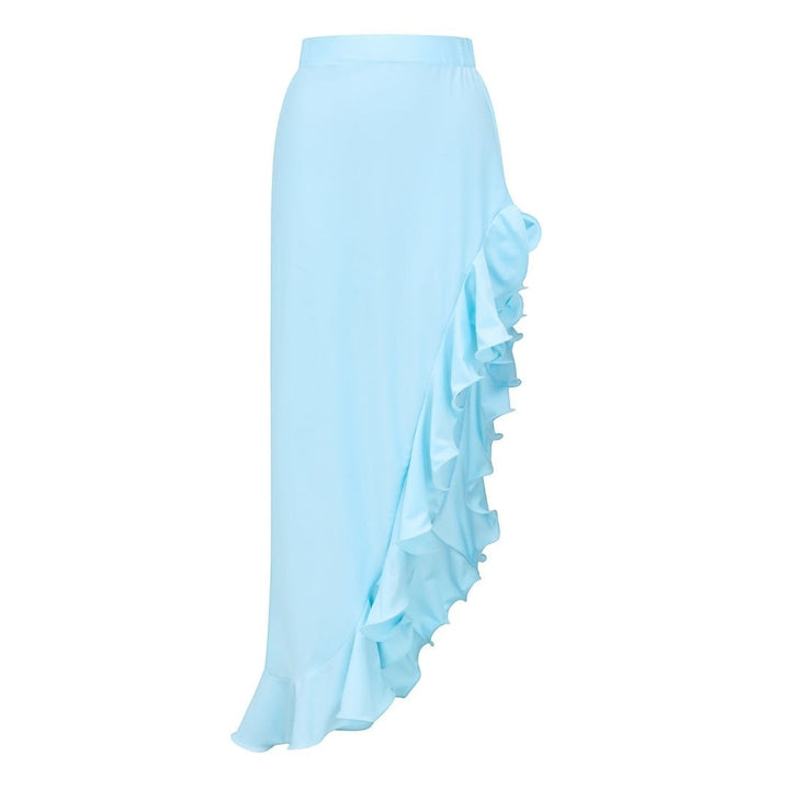 Sea Dragon Dreams light blue maxi skirt with a cascading side ruffle detail and a high-waisted silhouette.