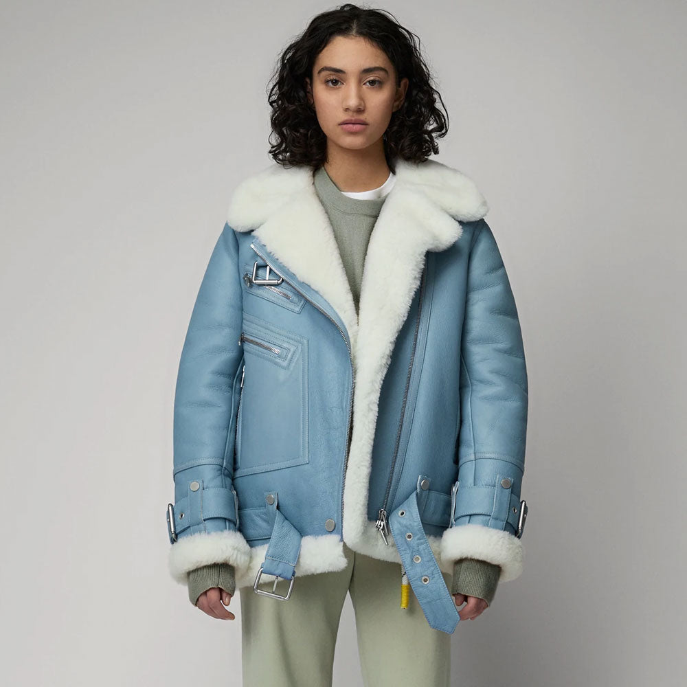 Sea Dragon Dreams women's light blue B3 RAF aviator jacket in Nappa leather with white Merino shearling lining