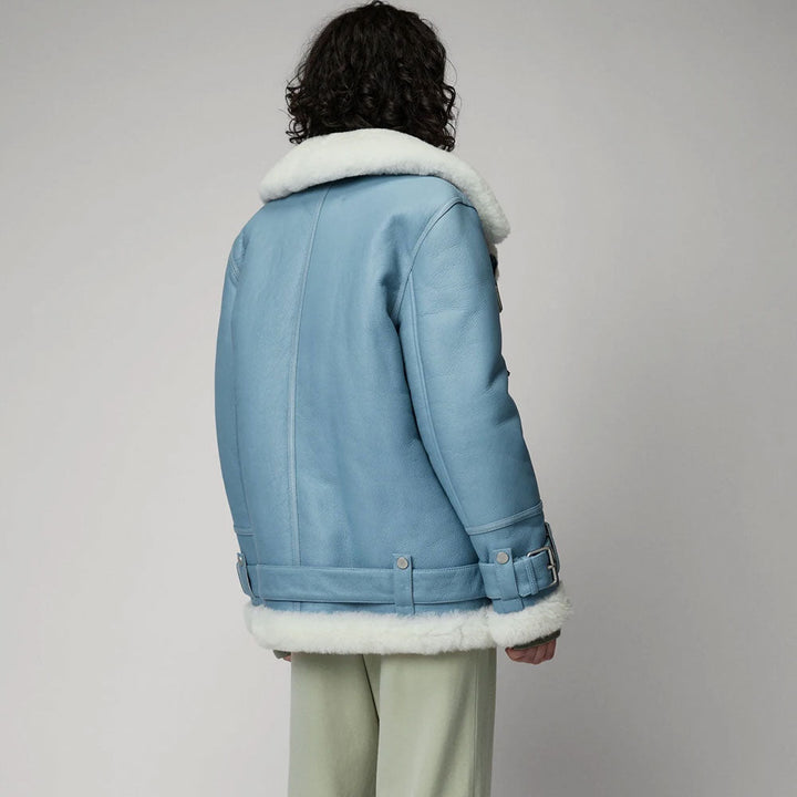 Sea Dragon Dreams light blue B3 RAF aviator jacket with white Merino shearling lining and belted waist, back view