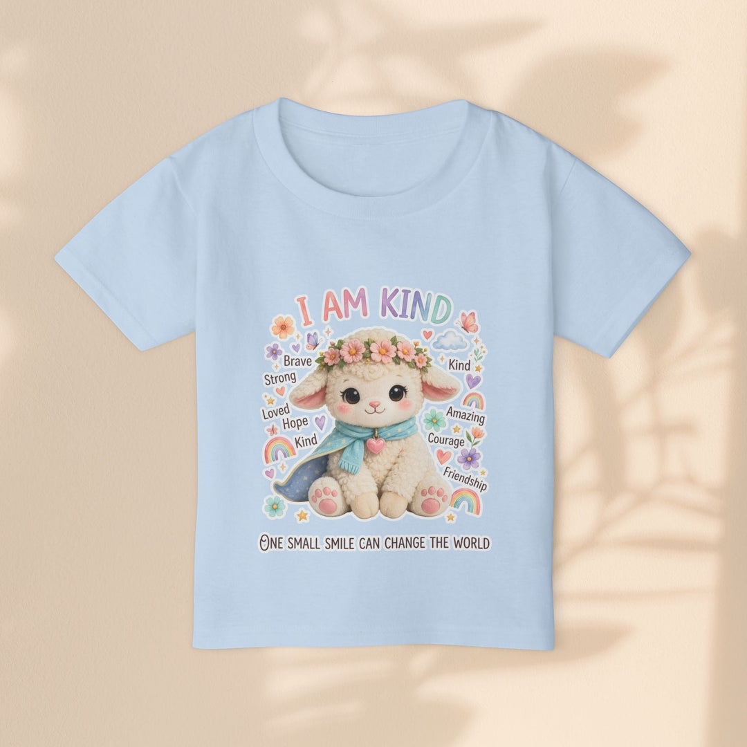 Sea Dragon Dreams light blue toddler t-shirt featuring a cute Grace Lamb illustration and I Am Kind text.