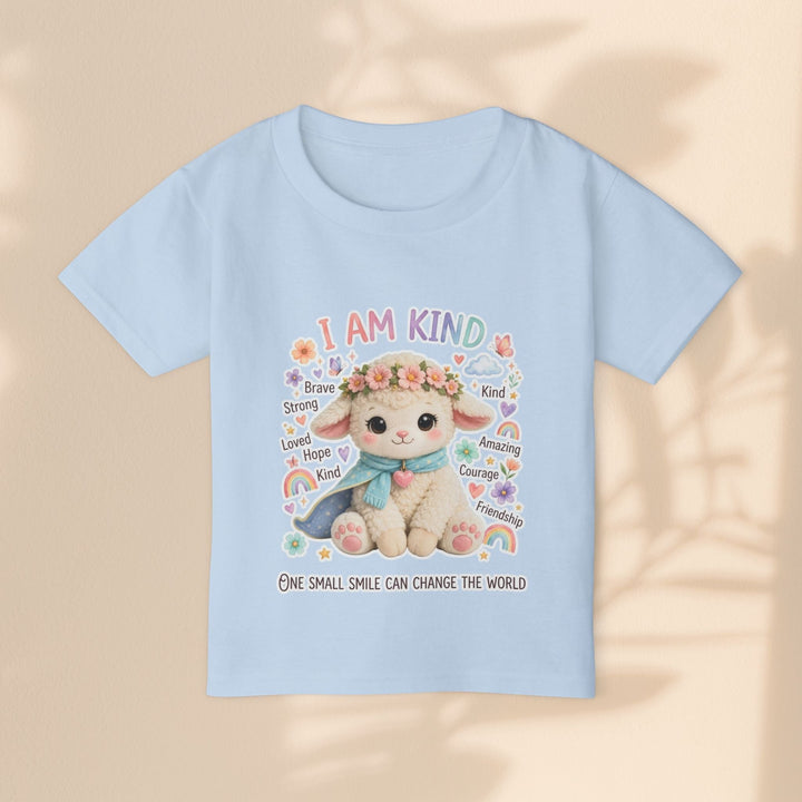 Sea Dragon Dreams light blue toddler t-shirt featuring a cute Grace Lamb illustration and I Am Kind text.