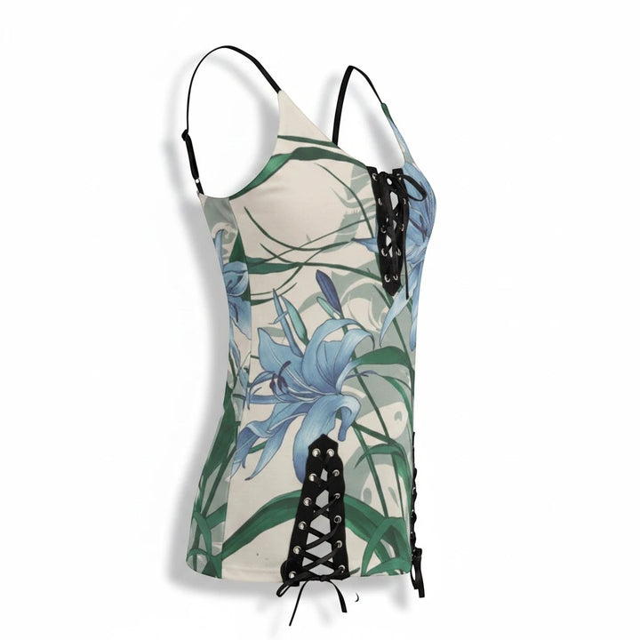 Sea Dragon Dreams women's cami dress with blue lily print, lace-up v-neck, and black side drawstring details.
