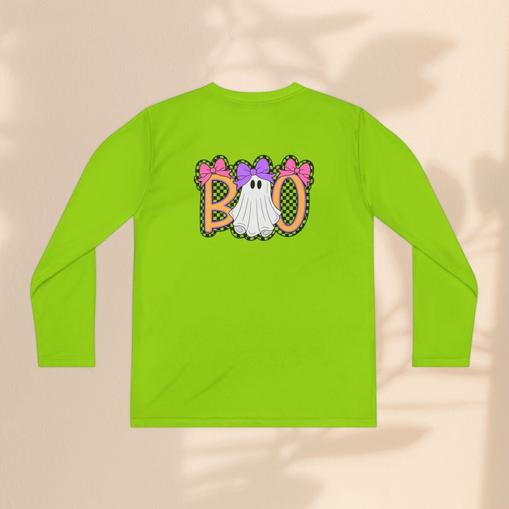 Sea Dragon Dreams lime green long sleeve youth shirt with a playful ghost Boo graphic featuring pink and purple bows.