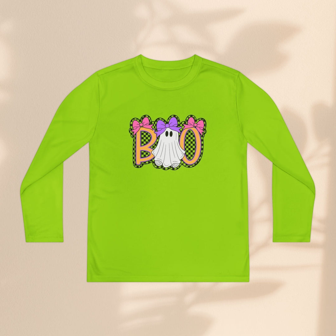Sea Dragon Dreams lime green long sleeve youth shirt with a playful ghost Boo graphic and colorful bows.
