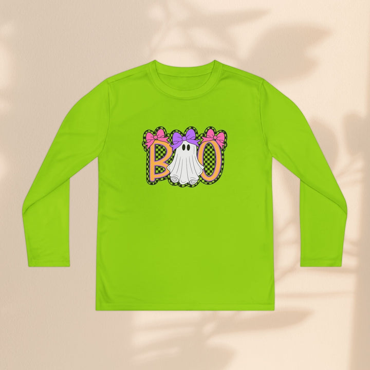 Sea Dragon Dreams lime green long sleeve youth shirt with a playful ghost Boo graphic and colorful bows.