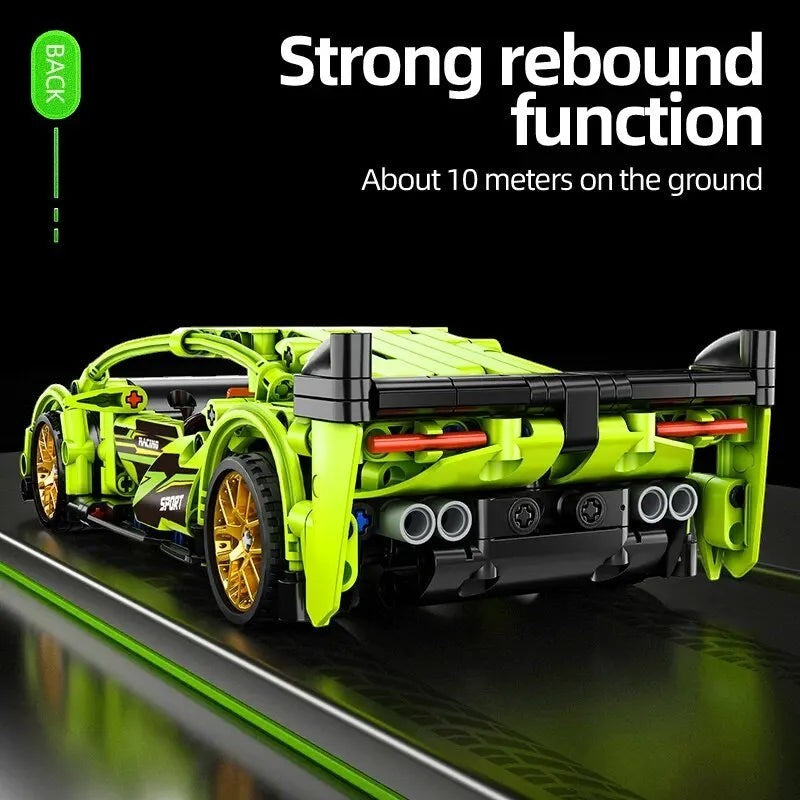 Sea Dragon Dreams lime green racing car building block toy with rear spoiler and gold wheels on a black background