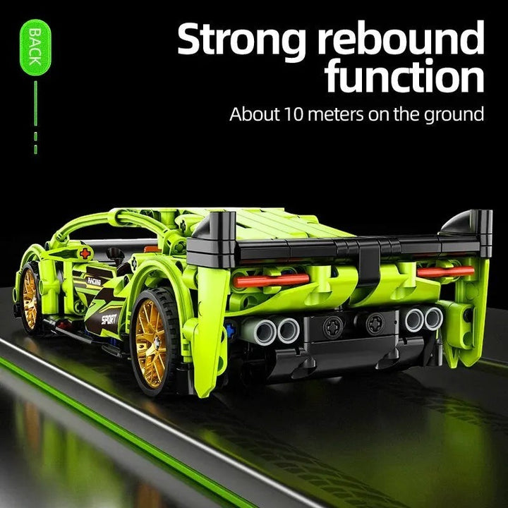 Sea Dragon Dreams lime green racing car building block toy with rear spoiler and gold wheels on a black background