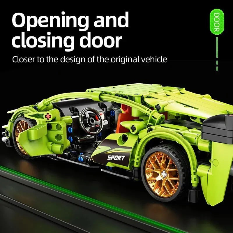 Sea Dragon Dreams lime green sports car building block set with detailed interior and functional opening doors