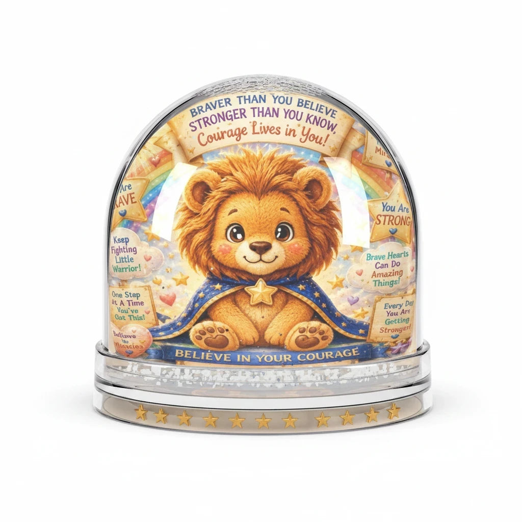 Sea Dragon Dreams lion snow globe with Believe in Your Courage message, featuring a cute lion and inspirational text.