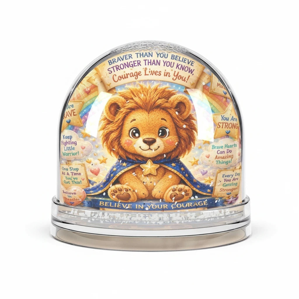 Sea Dragon Dreams lion snow globe with Believe in Your Courage message, featuring a cute lion in a blue cape.