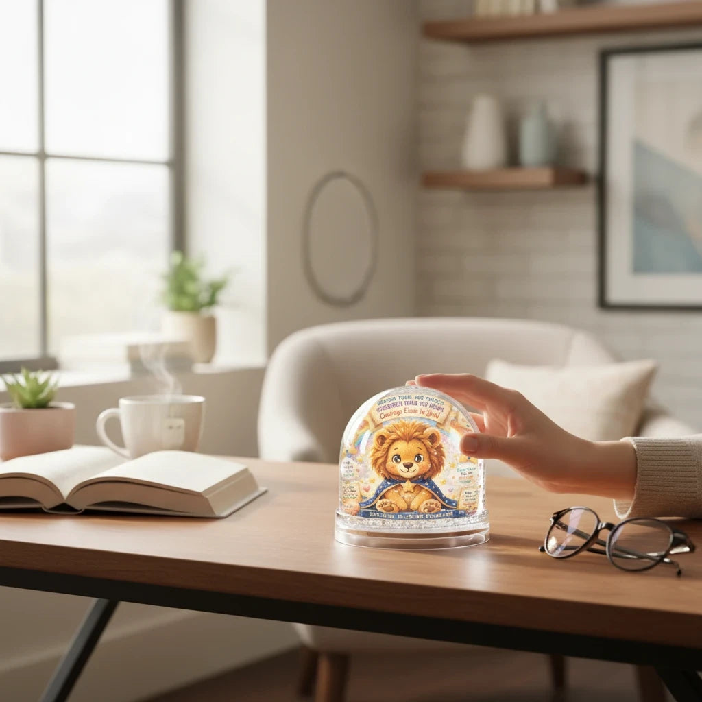 Sea Dragon Dreams Lion Courage snow globe with a cute lion illustration and Believe in Your Courage message on a desk