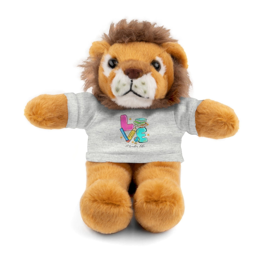 Sea Dragon Dreams plush lion stuffed animal wearing a grey cotton t-shirt with Love Teacher Life graphic print